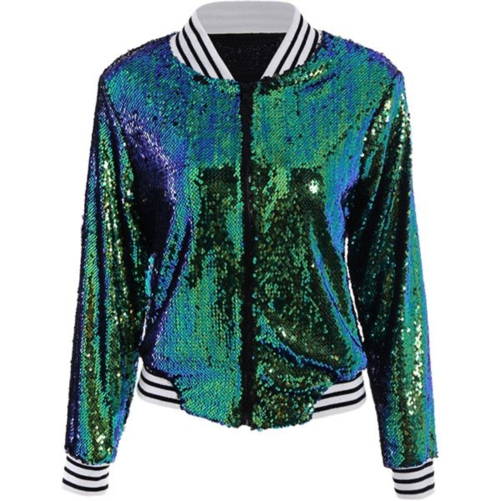 Blue & Green Sequin Bomber Jacket with Striped Ribbed Cuffs